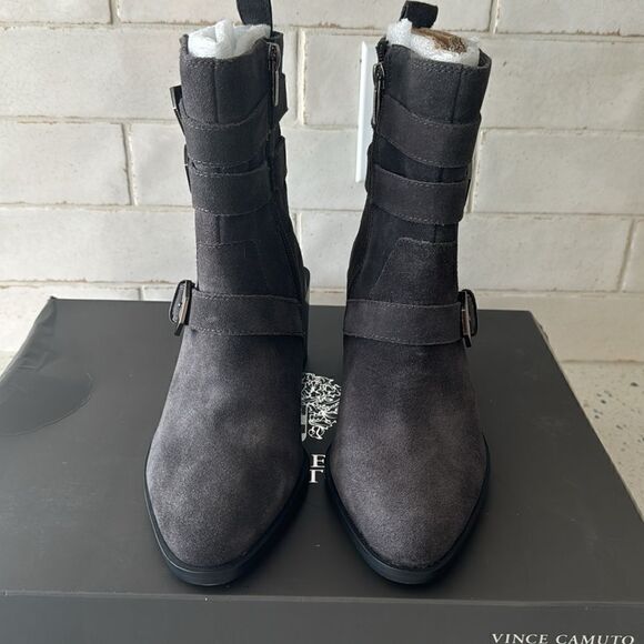 Vince Camuto Kempreea Gray Suede Buckles Mid-Shaft Boots Block Heel Zip 7 Wide - Picture 2 of 13